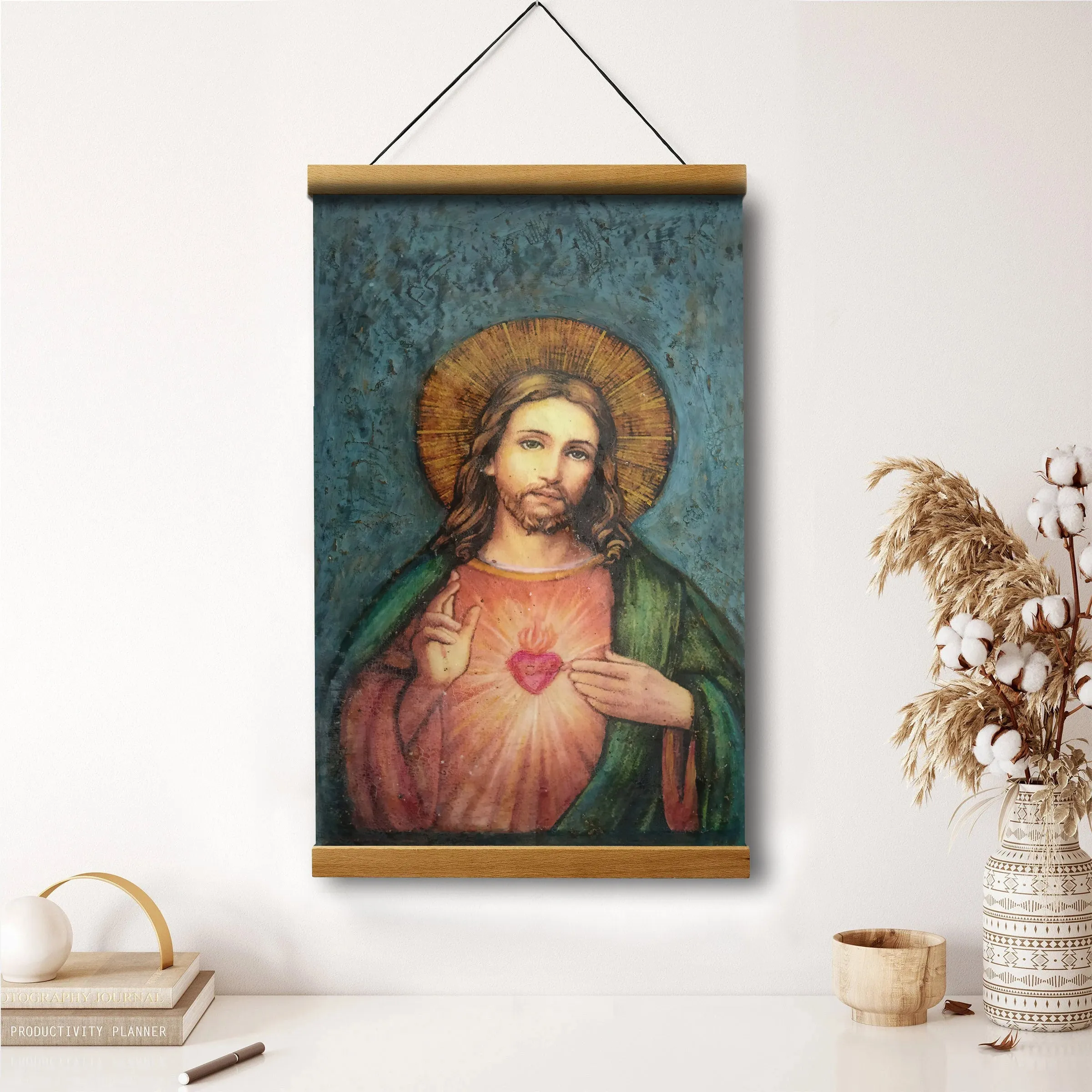 Sacred Heart Of Jesus Hanging Canvas Wall Art - Jesus Portrait Picture - Religious Gift - Christian Wall Art Decor