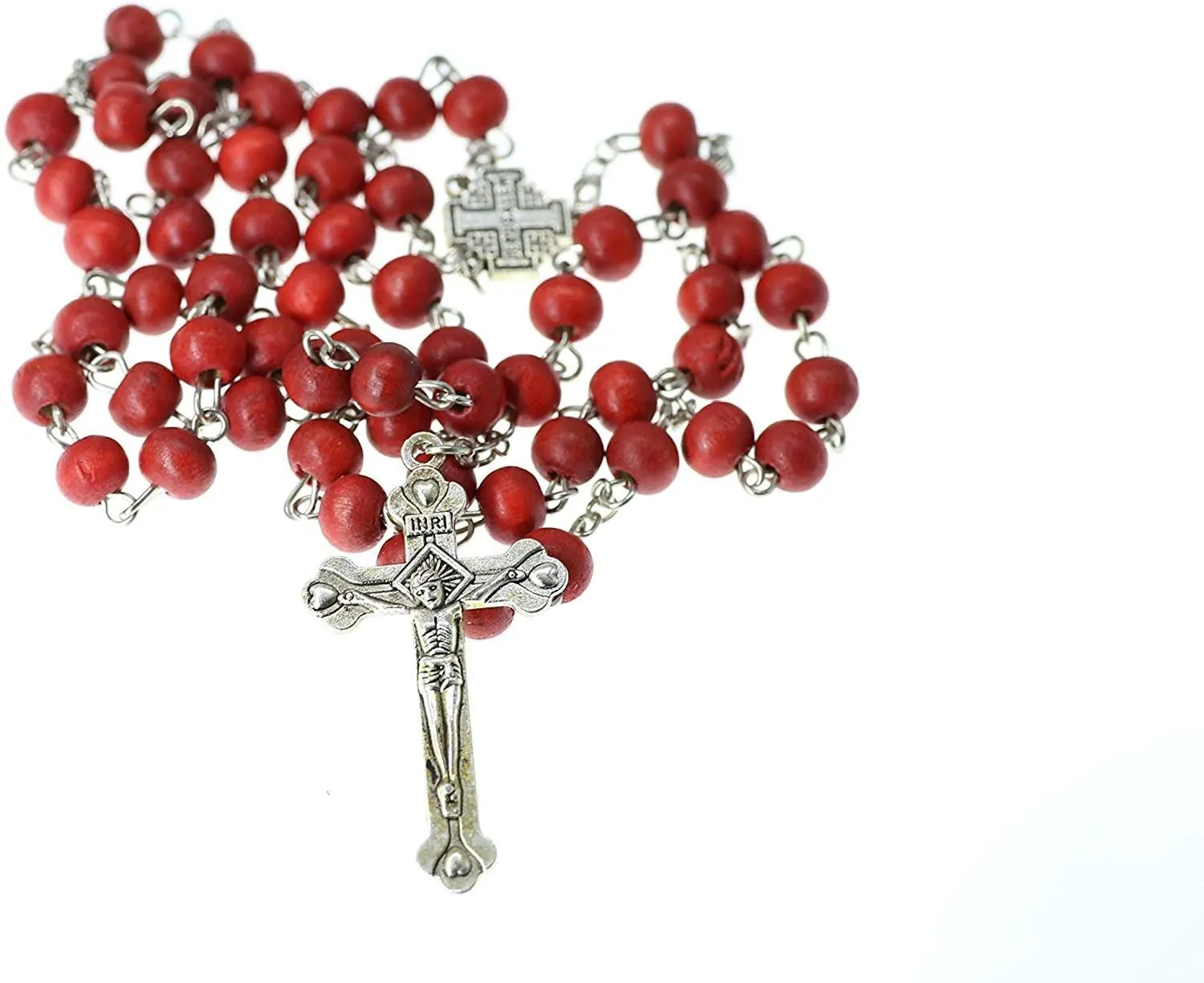 Set of 12 Red Rose Rosary Blessed Catholic Cross Petal Red Rare Carved Beads & Silver Plated