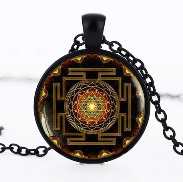 Sri Yantra Pendant Necklace Sacred Geometry Glass Necklace Charm