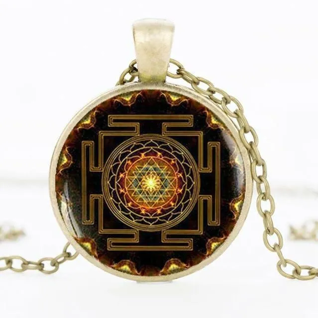 Sri Yantra Pendant Necklace Sacred Geometry Glass Necklace Charm